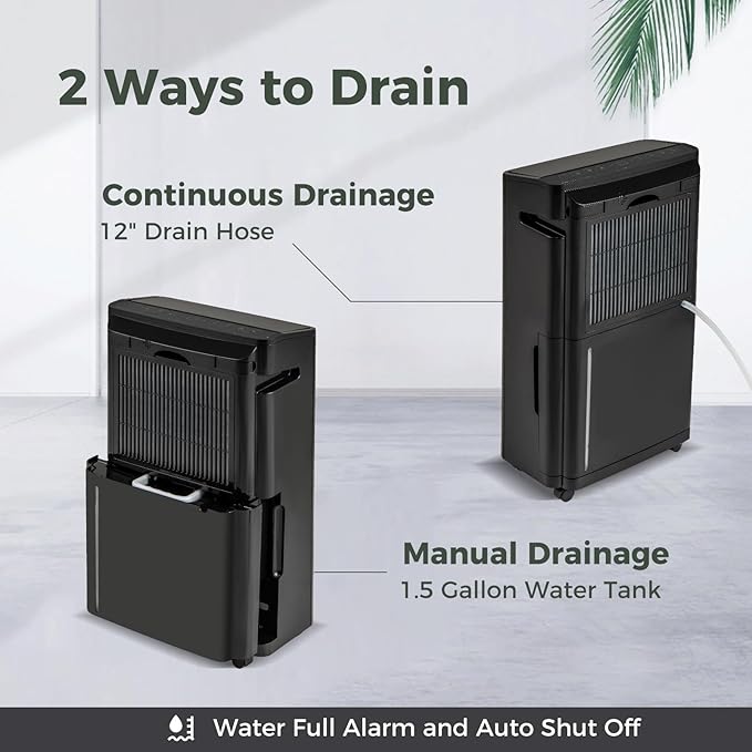 COSTWAY 4,500 Sq. Ft Dehumidifier for Basement, 3-Color Humidity Indicator, Dry Clothes Mode, 12" Drain Hose & Wheels, 57 Pints Dehumidifier for Large Room (Black) - Image 8