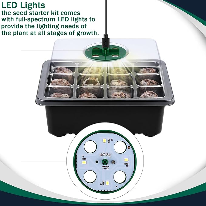 6 Pack Seed Starter Tray Kit with Grow Light and Humidity Dome Germination Trays with 72 Peat Pellets, Plant Labels, Gardening Tools, Plant Growing Trays for Seeds Growing Starting, Black - Image 3