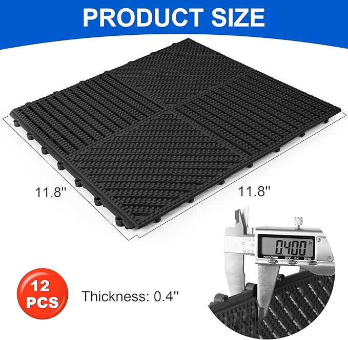 MYFAMIREA Modular Interlocking Cushion 12 Pack 11.8" x 11.8" Rubber Floor Tiles Non-Slip Splicing Drainage Mats for Deck, Pool, Shower, Patio, Balcony, Bathroom, Kitchen, Yard (2 Rows Dots, Black) - Image 2
