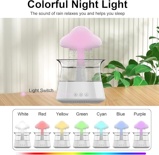 cjc Cloud Rain Humidifier for bedroom with Soothing Rain Sounds Sleep Aid, Waterfall Night Light, Mushroom Design Air Moisturizer，Room Decor Aesthetic for living room (White) - Image 4