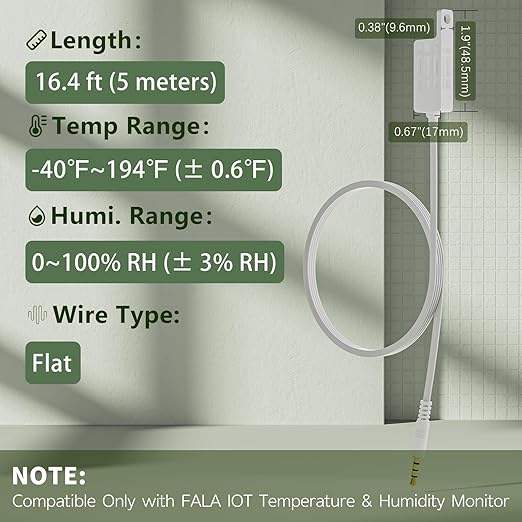 External Flat Temperature & Humidity Sensor Probe – Waterproof, (-40°F to 194°F, 0 to 100% RH), 16.4ft Length for Greenhouse, Farm, Freezer & Industrial Use, Only for FALA IOT Detector - Image 2