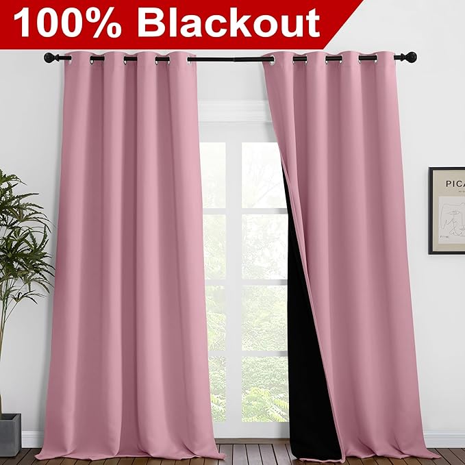 NICETOWN 100% Blackout Blinds, Set of 2, 52 inches x 120 inches, Laundry Room Decor Window Treatment Curtains for Large Patio Sliding Door, Thermal Insulated Crystal Pink Curtains for Bedroom - Image 2