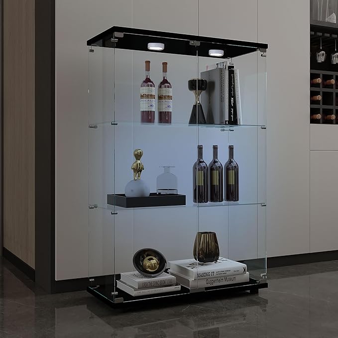 Yoluckea 3-Tier Glass Display Cabinet with Paipai Light, 2-Door Floor Standing Curio Cabinet with Adjustable Floor Feet for Home Office Corner Display, Black Glass Bookshelf for Collections and Decor - Image 5