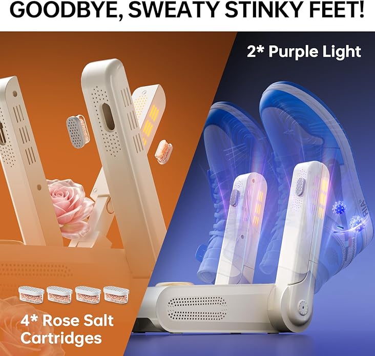 Boot Dryer, Shoe Dryer for Work Boots and Gloves, 4 Tubes with Timer, Rose Salt Remove Odor, Quiet Portable Shoe Dryer, Suitable for Ski Boots, Shoes, Gloves, Socks & Hats, Ivory - Image 3