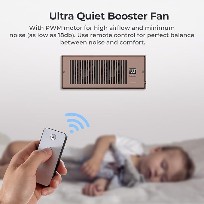 Quiet Register Booster Fan Fits 4" x 12" Register Holes, 10-Speed Smart Heating Cooling AC Vent Fan with Remote Control and Thermostat Control - Bronze - Image 5