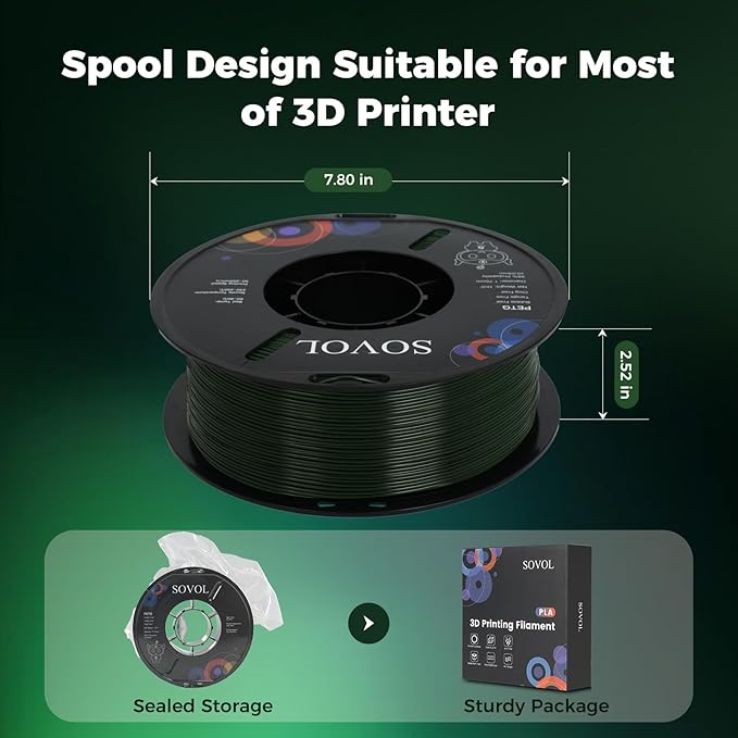 Sovol 3D Printer PETG Filament 1.75mm 1KG (2.2lbs), High Precision, Strong Toughness, Wiring Tightness, Dimensional Accuracy +/- 0.03 mm, 3D Printing PETG Filaments, Army Green - Image 8