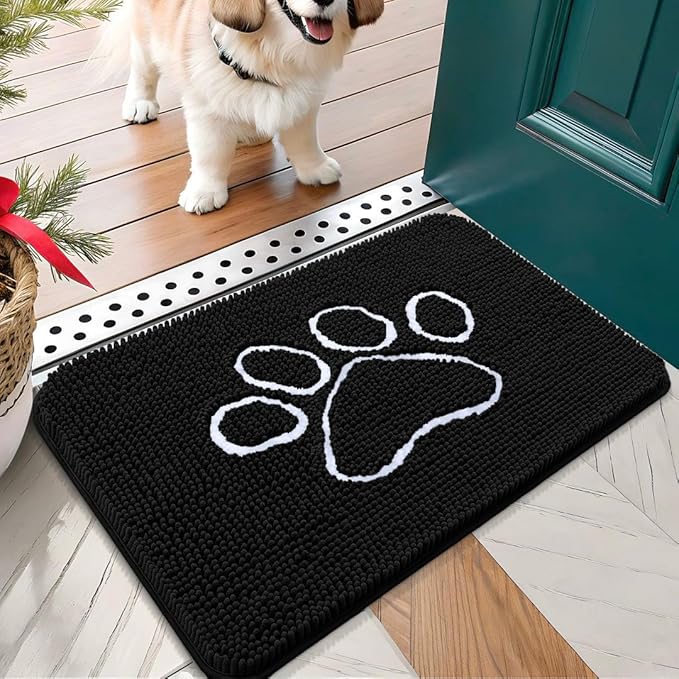 OLANLY Dog Door Mat for Muddy Paws 24x16, Paw Print Design, Absorbs Moisture and Dirt, Absorbent Non-Slip Washable Doormat, Quick Dry Chenille Mud Mat for Dogs, Entry Indoor Entryway Carpet, Black by OLANLY