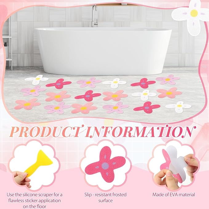 32 Pcs Cute Non Slip Bathtub Stickers for Shower Colorful Bathroom Anti Slip Shower Stickers Floor Applique Adhesive Decals with Scraper for Bathtub Bathroom Floor Pools (Flower) - Image 3