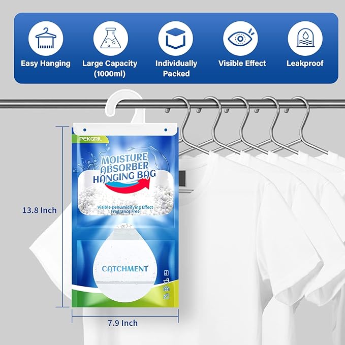 PEKGRIL Moisture Absorber Packets 14-Packs, 15 oz Hanging Dehumidifier Bags, Fragrance Free Humidity Packs for Closet, Bathroom, Kitchen, 420g/Pack - Image 2