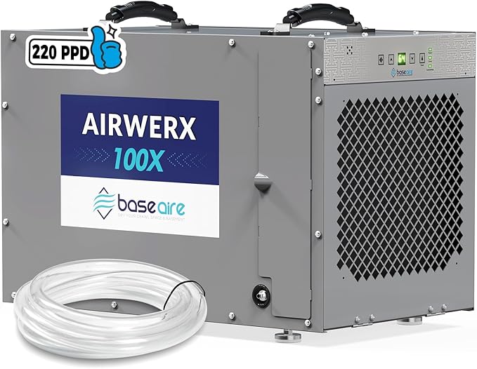 BaseAire 220 Pints Crawlspace Dehumidifiers with Pump and Drain Hose, Commercial Dehumidifier for Home,Garage and Basement, Large Capacity, Compact, Auto Defrost, Intelligent Control, Up to 2900 Sq Ft by BASEAIREDRYYOURCRAWLSPACEBASEMENT