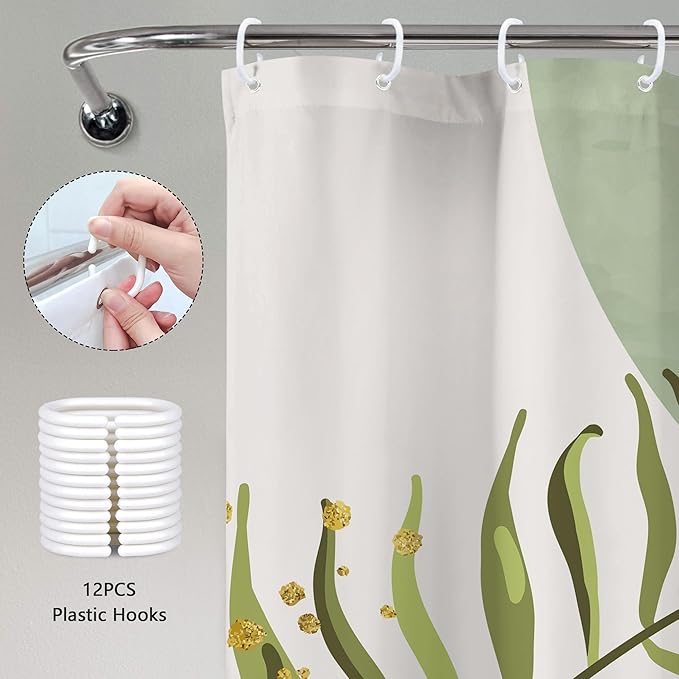 Sage Green Boho Shower Curtain 72Wx72H Modern Abstract Bohemian Leaves Minimalist Neutral Botanical Geometric Arch Bathroom Decor Mid Century Plant Bath Curtain Fabric Polyester 12 Pack Hooks - Image 5