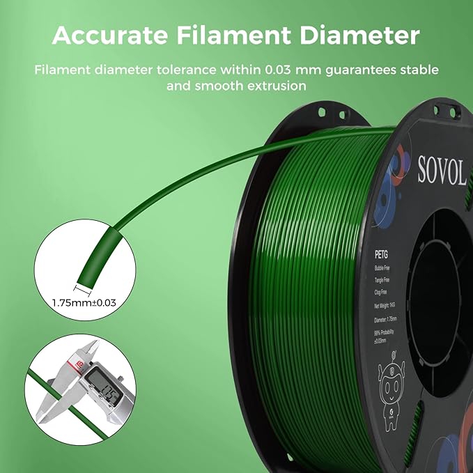 Sovol 3D Printer PETG Filament 1.75mm 1KG (2.2lbs), High Precision, Strong Toughness, Wiring Tightness, Dimensional Accuracy +/- 0.03 mm, 3D Printing PETG Filaments, Green - Image 6