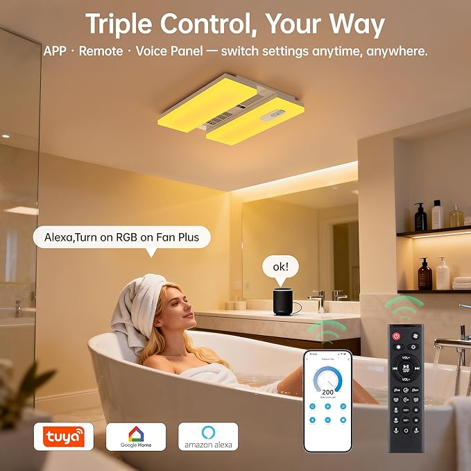 Bathroom Exhaust Fan with Heater, Light, Bluetooth Speaker and Odor & Humidity Sensors, 230 CFM Quiet Ceiling Fan with 3 Dynamic RGB Lighting, 3CCT - Remote App Control - Works with Alexa - Image 7