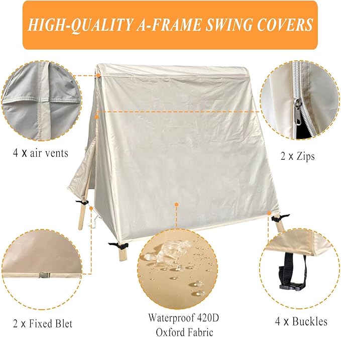Patio Swing Cover A-Frame Swing Covers Waterproof 3 Seat UV Resistant Weather Protector for Outdoor Courtyard Patio Furniture 72x67x55 Inch Beige - Image 3