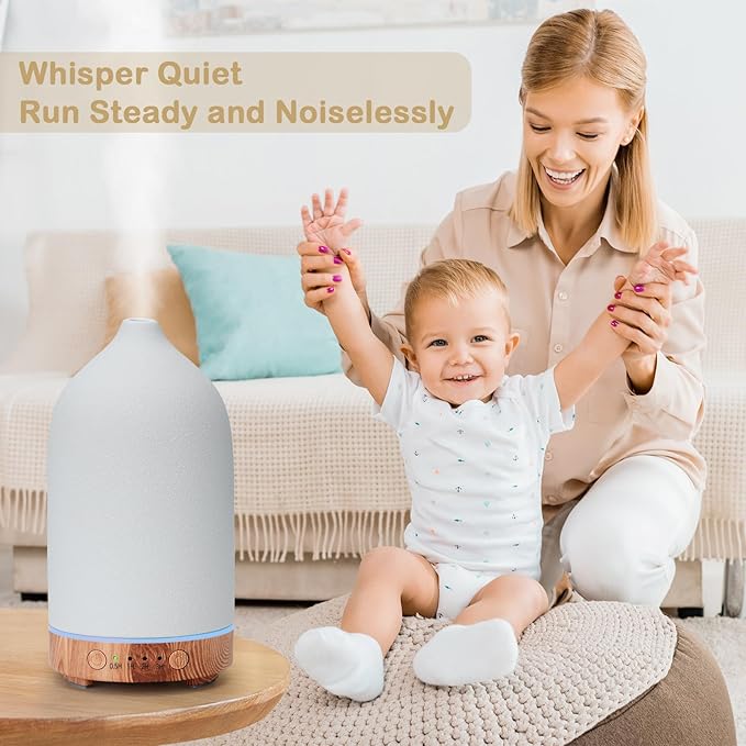 Diffuserlove Ceramic Essential Oil Diffuser 160ML Aromatherapy Diffuser for Home Bedroom Room Cool Mist Humidifier Stone Air Diffusers with Yellow Wood Pattern Base (Size:6.8" H x 3.6" W) - Image 6