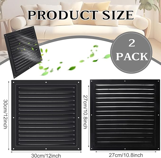 2 Pcs 12" x 12" Gable Vent Shed Attic Vent with Screen Mesh Square Metal Vent Covers Vent Grille for Exterior Door House Attic Garage Ceiling, Boost Ventilation and Guard Against Moisture (Black) - Image 2