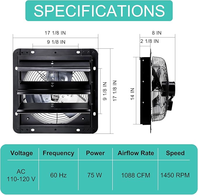 14 Inch Wall Mounted Shutter Exhaust Fan with Thermostat and Speed Controller for Attic, Greenhouse, Shed, Garage, Chicken Coop, Shop, Barn Ventilation, 1088 CFM High Power Louvered Vent Fan - Image 2