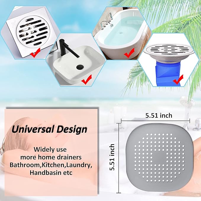 Hair Drain Catcher,Square Drain Cover for Shower Silicone Hair Stopper with Suction Cup,Easy to Install Suit for Bathroom,Bathtub,Kitchen 4 Pack (Aluminium Grey) - Image 6