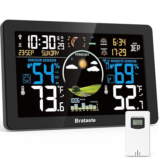 Weather Station Wireless Indoor Outdoor, Digital Thermometer with Remote Sensor, 7.5'' HD VA Display Home Weather Stations, Accurate Temperature Humidity Gauge with Weather Forecast, Atomic Clock by Brataste