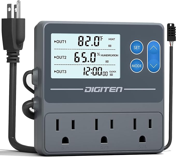 DIGITEN Reptile Temperature and Humidity Controller with Timer Outlet, Day-Night Function Thermostat, 3-Stage Outlet Plug in Temperature Controller for Reptile, Mushroom, Homebrew by DIGITEN
