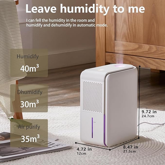 3 in 1 Dehumidifier, Humidifier & Air Filtration & aroma diffuser combo - 39Oz, Auto Humidity Control,Quiet, 27db，multifuctional colorful mist,for Bedroom/bathroom/home/basement/RV(350 sq.ft) - Image 9
