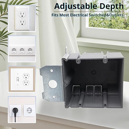 MAKERELE Flexibly Adjustable Electrical Box for Outlets, 34Cu.in. Grey Electrical Switch Outlet Box, 2 Gang Adjustable Switch Box with ETL Certified(3 Pack) - Image 2