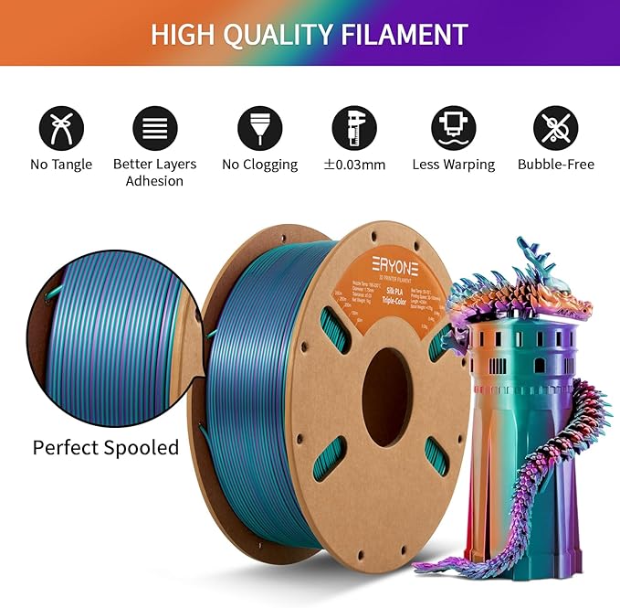 ERYONE Silk Tri Color PLA Filament 3D Printer 1.75mm +/- 0.03mm, Multicolor Filament Tricolor PLA 1KG(2.2lbs) Cardboard Spool, Purple&Blue Purple&Burnt Orange - Image 5