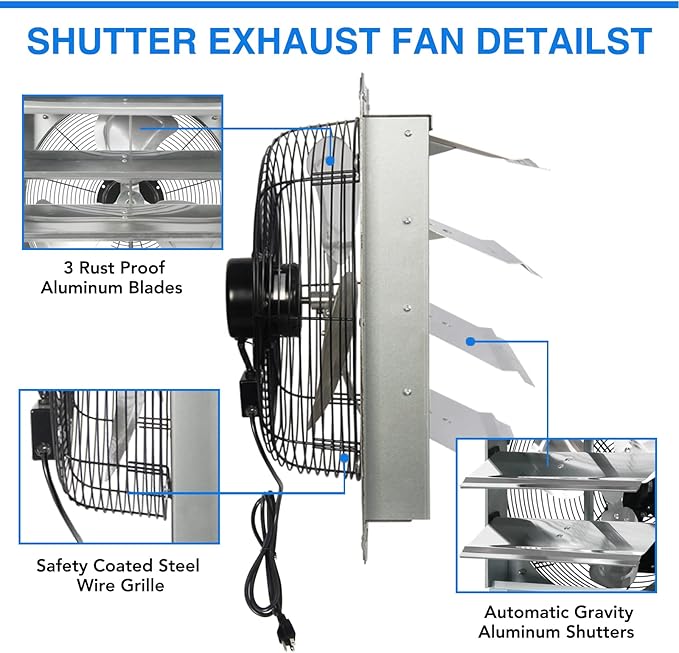 KEN BROWN 18 Inch Shutter Exhaust Fan, Gable Vent Fan, Wall Mount Ventilation, High Speed 2600 CFM, Automatic Aluminum Blades, for Garages, Shop, Greenhouse, Attic, with Power Cord - Image 7