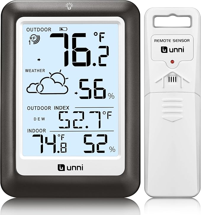 Indoor Outdoor Thermometer Wireless Weather Station, Temperature Humidity Monitor Battery Powered Inside Outside Thermometers with 330ft Range Remote Sensor and Backlight Display（Metal Black） by UUNNI