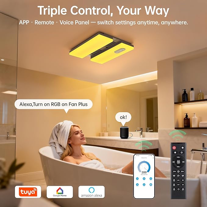 Bathroom Exhaust Fan with Heater, Light, Bluetooth Speaker, Odor & Humidity Sensors, 230 CFM Quiet Ceiling Fan with 3 Dynamic RGB Lighting, 3CCT - Remote App Control - Compatible with Alexa - Image 7
