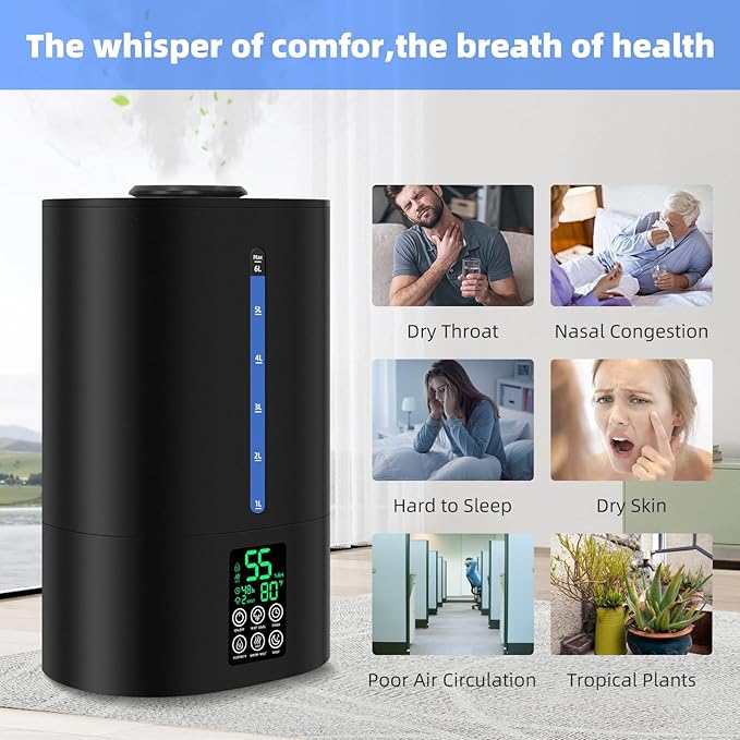 6L Humidifiers for Bedroom Large Room Home,Cool and Warm Humidifier for Baby and Plants Hot Mist Top Fill Desk Humidifiers Oil Diffuser,Quiet,Adjustable Mist,360°Nozzle-Black(2026 Upgraded) - Image 5