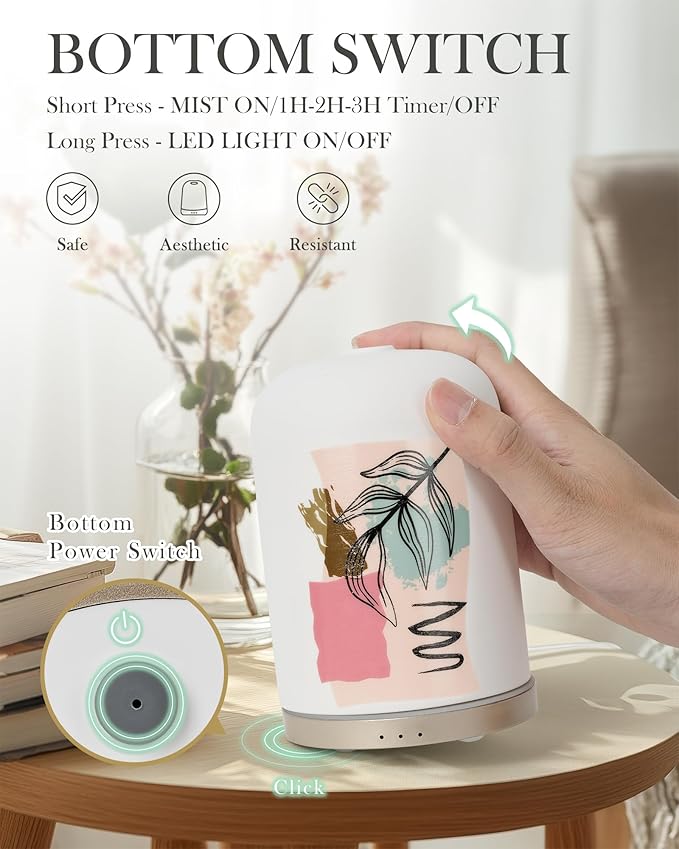 Essential Oil Diffuser with Handmade Ceramic Cover, 110ML Aromatherapy Diffuser for Large Room, Quiet Ultrasonic Aroma Diffuser with Auto-Off, Timer, Night Light for Home, Yoga & Office - Image 2