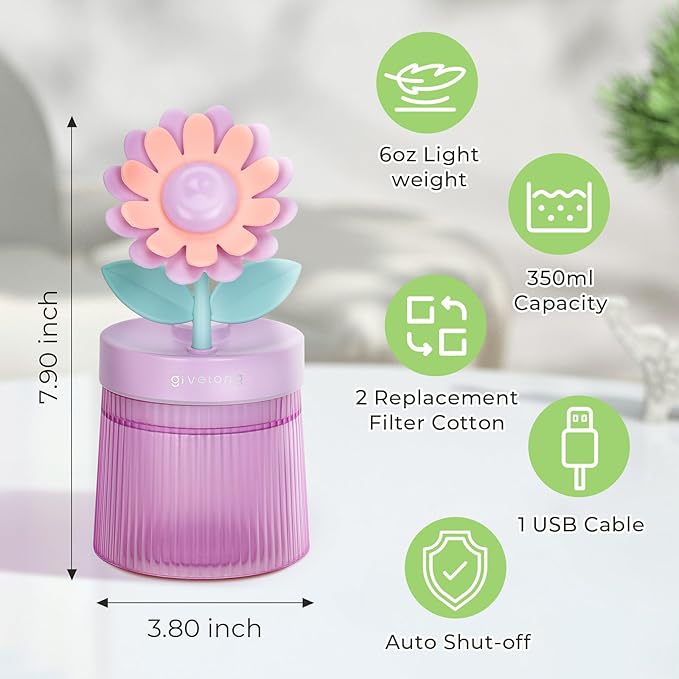 Cute Flower Mini Humidifier, 260ml Sunflower Desktop Humidifiers for Bedroom, Portable Small Cool Mist Humidification for Home, Baby Nursery, Office & Indoor Plants, USB Powered (Purple) - Image 7