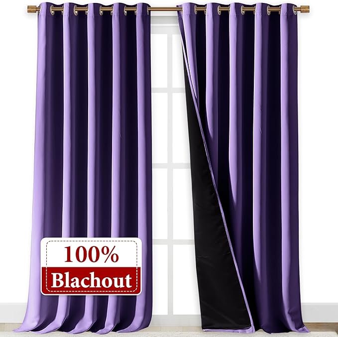 NICETOWN 100% Blackout Blinds, Laundry Room Decor Window Treatment Curtains for Large Patio Sliding Door, Thermal Insulated Lilac Purple Curtains for Bedroom, Set of 2, 70 inches x 108 inches - Image 2