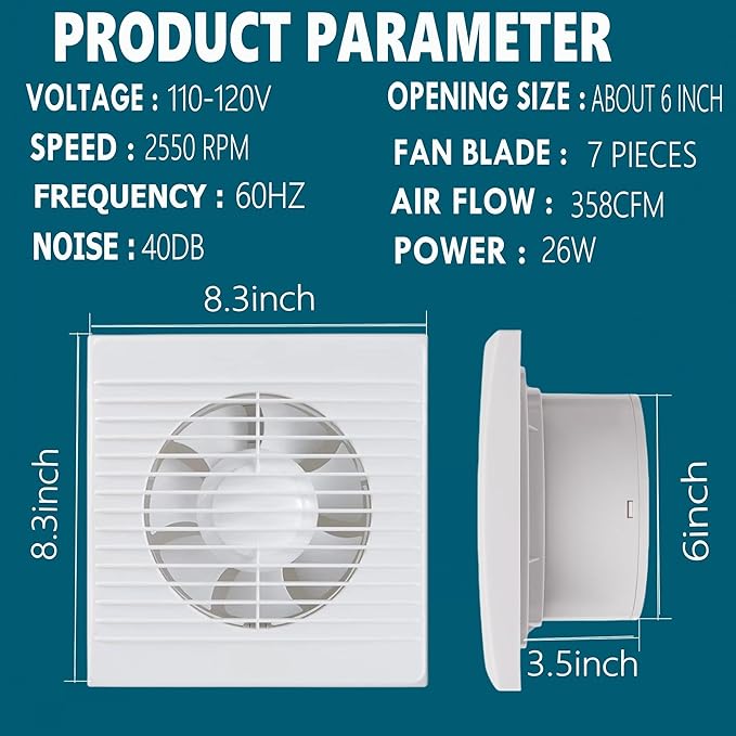6 Inch Exhaust Fan, 26W Wall Mount Small Ventilation Fan With Switch, 139CFM Ventilation Extractor Fan With Anti-backflow Check Valve Ultra Thin For Bathroom Kitchen Garage(White) - Image 2