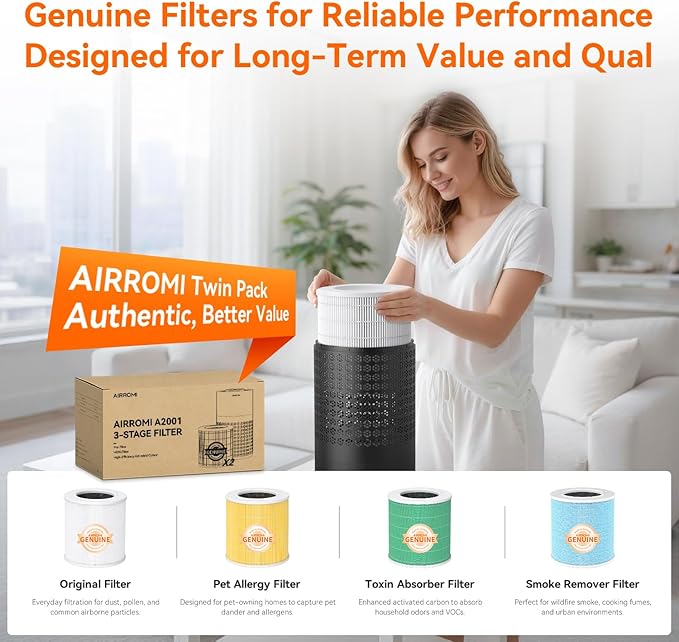 AIRROMI Air Purifier for Bedroom with HEPA 3-in-1 Filter, Pet Air Purifier for Home Cat Pee Smell, Covers Upto 990 Ft², Quiet 360°intake Air Cleaner for pet hair,allergies,Dust,Smoke A2001 Black - Image 9