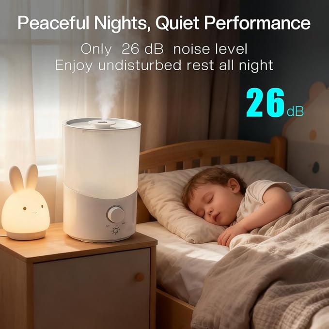 Cool Mist Humidifier for Bedroom, 3L Top Fill Ultrasonic Air Humidifier with Adjustable Knob Control, Quiet Operation, Auto Shut-Off, BPA-Free for Home, Baby, Office, Plants - Image 6