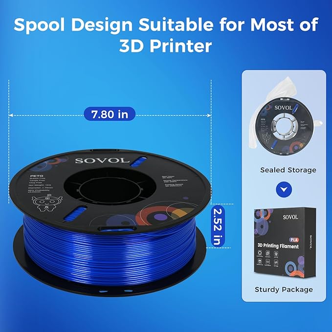 Sovol 3D Printer PETG Filament 1.75mm 1KG (2.2lbs), High Precision, Strong Toughness, Wiring Tightness, Dimensional Accuracy +/- 0.03 mm, 3D Printing PETG Filaments, Blue - Image 8