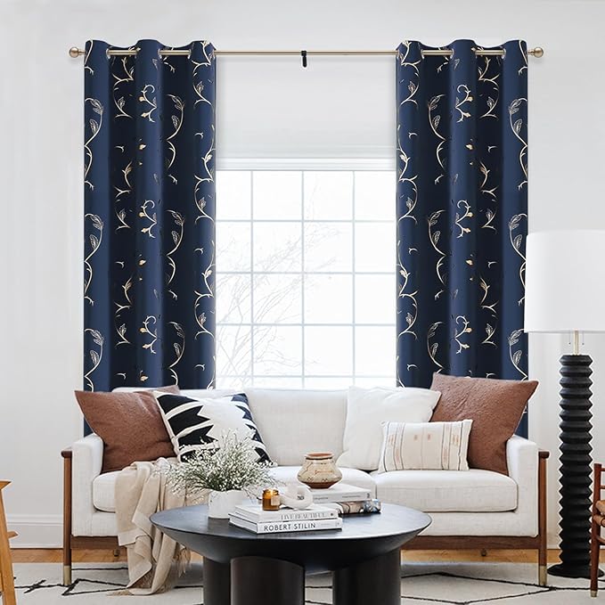 BUHUA Blackout Curtains Gold Foil Print Flower Vine Grommet Drapes, Room Darkening Thermal Insulated Curtains, Noise Reducing Blackout Curtain for Bedroom, Navy Blue, 38Wx84L, 2 Panels - Image 6