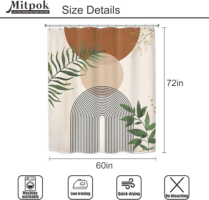 Brown Boho Mid Century Shower Curtain 60Wx72H Abstract Gold Leaves Plant Modern Sun Minimalist Geometric Arch Art Line Bathroom Decor Neutral Bath Curtain Fabric Polyester 12 Pack Hooks - Image 3