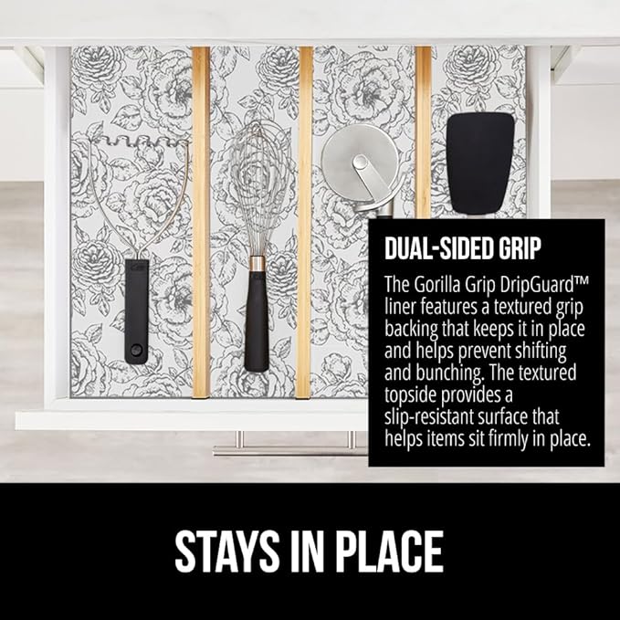 GORILLA GRIP DripGuard Shelf Liner, Non-Adhesive Drawer and Kitchen Cabinet Protector, Strong Grip Slip Resistant Underside, Smooth Surface Liners for Cabinets, Bathroom Closets, 12x120 In Floral Gray - Image 4