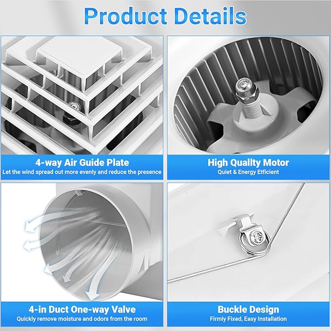 FEITON 90 CFM Bathroom Fan Exhaust Fan Ceiling Mount, 25W, 110V, 0.95 Sones, Square Quiet Ventilation, 4-in Duct, 8" x 8" Mounting Hole - Image 4