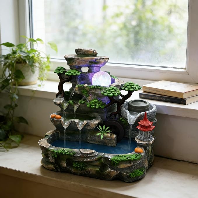 Creative Tabletop Water Fountain with LED Light & Atomizer, Indoor Waterfall Home Decor Best Festival Birthday Gift for/Boys, 10Inch Desktop Small Mini Size, Stream Rock Cavern Falls Bonsai - Image 8