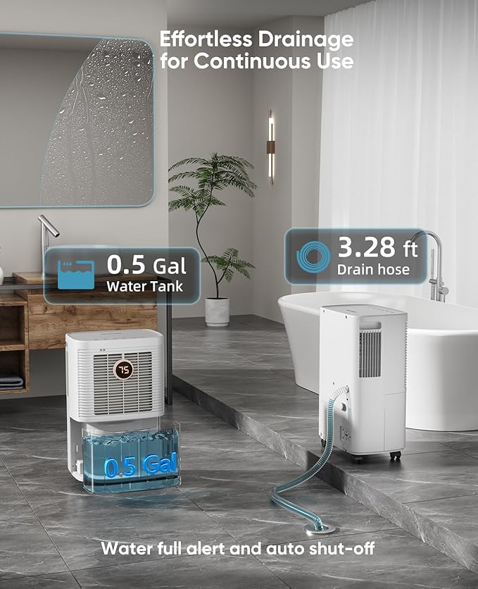 34 Pints Dehumidifier for Basement and Home, Quiet 3-Mode Operation with Continuous Drain Hose, 0.5 Gal Tank, Auto Defrost and 24H Timer for Bedrooms and Bathrooms (White, 34 Pints) - Image 4