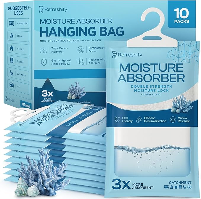 Moisture Absorbers and Humidity Absorber Bags for Closet - 10 Pack High-Efficiency Moisture Absorber and Humidity Packs for Home, Moisture Bags and Dehumidifier Bags for Car Ocean Scent, 10 Pack by AllSettHealth