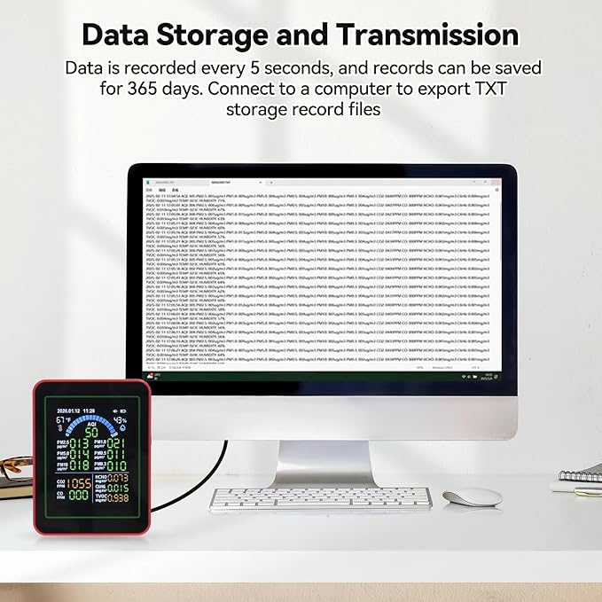 18-in-1 Smart Air Quality Monitor,Air Quality Detector Real-Time for AQI, CO2, PM2.5, PM1.0, PM10, TVOC, HCHO, Time Display, MT32 Model，Comes with USB to Type-C Charging Cable（White） - Image 8