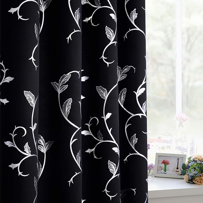 BUHUA Silver Shinny Vine Design Blackout Curtains Striped Window Curtains Thermal Insulated Curtains for Nursery 52W×72L Black 1 Pair - Image 3