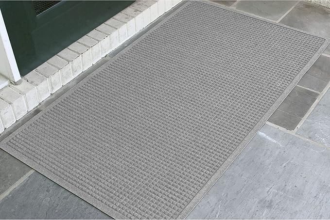 WaterHog Squares Front Door Mat Indoor Outdoor Entrance, Absorbent All-Weather Doormat Non-Slip Rubber Backing, Dirt & Moisture Trapper, Low Profile, Easy Clean, Made in USA, 35.5"x59.5" Medium Grey - Image 2