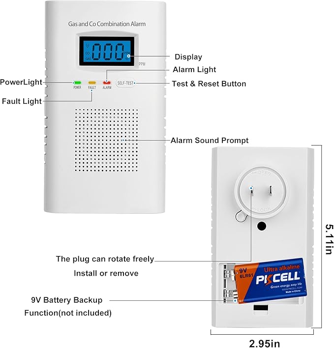 Plug in Combination Gas & Carbon Monoxide Detectors - Natural Gas Detectors & Carbon Monoxide Alarm for Home, Co Detector & Gas Detectors with Digital Display,Holds 9V Battery (not Included) - Image 2