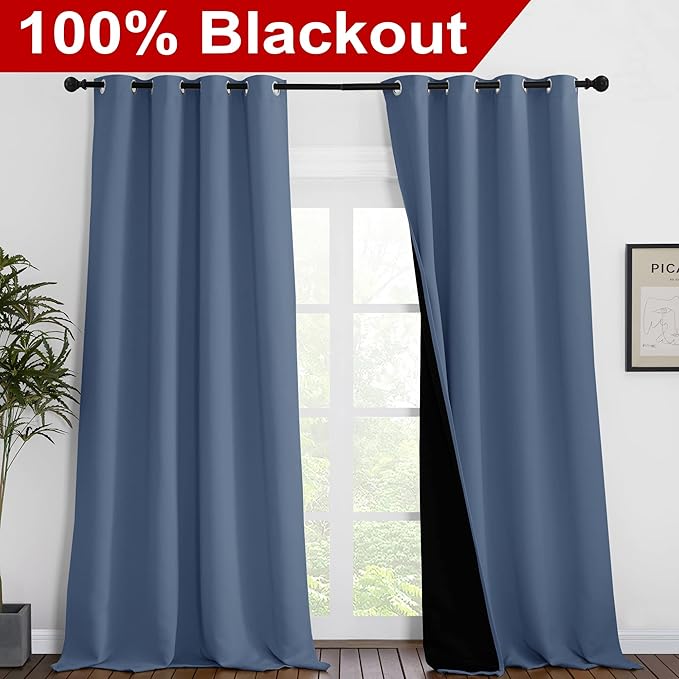 NICETOWN Insulated 100% Blackout Curtains, Noise Reducing Performance Drapes with Black Lining, Full Light Blocking Draperies for Overnight Shift Worker (Stone Blue, 1 Pair, 55 inches x 96 inches) - Image 2